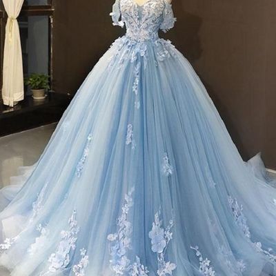Sp1478,blue ball gown delicate florals prom gown long tulle prom dress with chapel train - Thumbnail 3