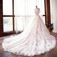 SP1479,Luxury Champagne Lace Off Shoulders Poofy Ball Gown for Wedding Puffy Wedding Dress - Thumbnail 1