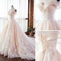 SP1479,Luxury Champagne Lace Off Shoulders Poofy Ball Gown for Wedding Puffy Wedding Dress - Thumbnail 2