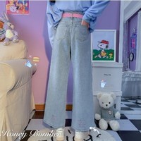 Cute Hearts Embroidery Wide Leg Denim Pants - Thumbnail 2