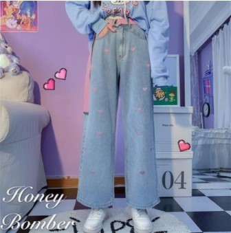 Cute Hearts Embroidery Wide Leg Denim Pants