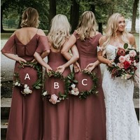 Elegant Sheath V Neck Cinnamon Rose Chiffon Split Bridesmaid Dresses Under 100 - Thumbnail 1