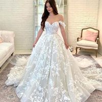 Stunning A-Line Off the Shoulder White Lace Wedding Dresses - Thumbnail 1