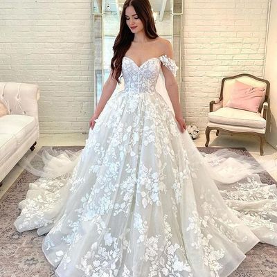 Stunning a-line off the shoulder white lace wedding dresses - Thumbnail 2