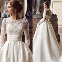 Gorgeous A-Line Long Sleeves Ivory Satin Wedding Dress with Appliques - Thumbnail 1