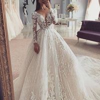 Gorgeous A-Line V Neck Long Sleeves Lace Wedding Dresses - Thumbnail 1