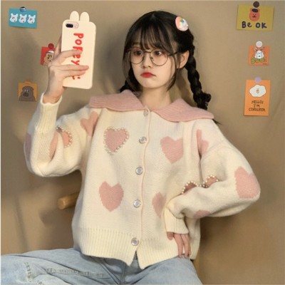 Beige lolita style hearts and pearls cardigan top
