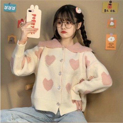 Beige Lolita Style Hearts and Pearls Cardigan Top