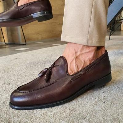 Men's chocolate brown shoes, leather tassels loafer shoes, moccasin office wear shoes