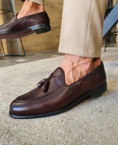 Men's Chocolate Brown Shoes, Leather Tassels Loafer Shoes, Moccasin Office Wear Shoes