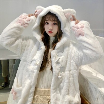 White japanese kawaii fluffy cat ears hooded jacket