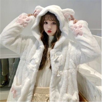 White Japanese Kawaii Fluffy Cat Ears Hooded Jacket