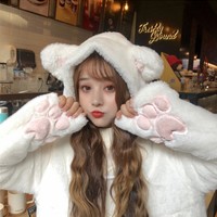 White Japanese Kawaii Fluffy Cat Ears Hooded Jacket - Thumbnail 1