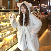White Japanese Kawaii Fluffy Cat Ears Hooded Jacket - Thumbnail 6