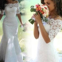 Mermaid Lace Wedding Dress Bridal Gown with Half Sleeves - Thumbnail 1