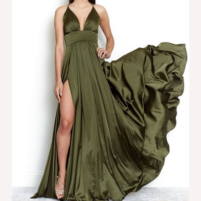 Halter slit bridesmaid dresses olive green - Thumbnail 3
