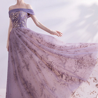 Purple tulle sequins long A line prom dress evening dress - Thumbnail 2