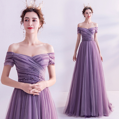Purple tulle long prom dress a line evening dress - Thumbnail 5