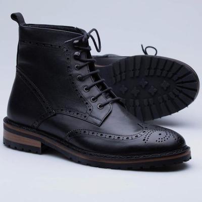 Unique handmade black wingtip lace up military boot for gentlemen, adult brogue leather boot