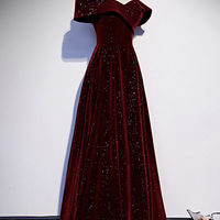 Burgundy velvet long A ling prom dress evening dress - Thumbnail 2