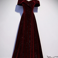 Burgundy velvet long A ling prom dress evening dress - Thumbnail 5