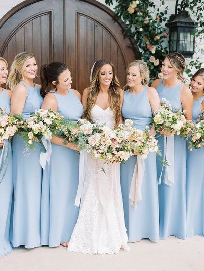 Stylish A-Line Roud Neck Baby Blue Chiffon Long Bridesmaid Dress Under 100
