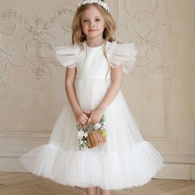 Pretty white tulle midi length flower girl dress birthday party dress