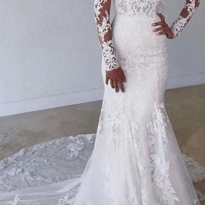 White off the shoulder appliques lace long sleeves wedding dress with train，863