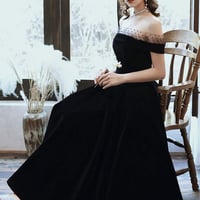 Cute velvet tea length prom dress  A line evening dress - Thumbnail 4