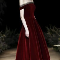 Cute velvet tea length prom dress  A line evening dress - Thumbnail 8