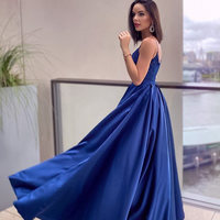 Elegant A-Line V Neck Royal Blue Satin Appliques Long Prom Dress with Pockets - Thumbnail 1