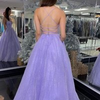 Glitter Spagheti Straps V Neck Lavender Long Prom Dress - Thumbnail 1