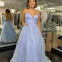 Glitter Spagheti Straps V Neck Lavender Long Prom Dress - Thumbnail 2