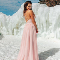 Simple A-Line V Neck Cross Back Pink Chiffon Long Prom Dress Under 100 - Thumbnail 1