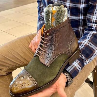 New pure handmade brown leather & green suede lace up ankle boots for men's - Thumbnail 1