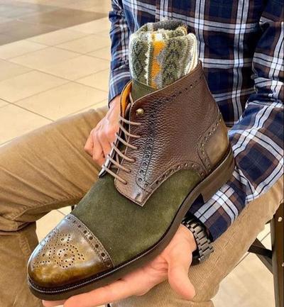 New Pure Handmade Brown Leather & Green Suede Lace up Ankle Boots for Men's