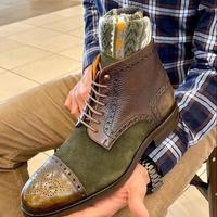 New Pure Handmade Brown Leather & Green Suede Lace up Ankle Boots for Men's - Thumbnail 1