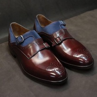 New Pure Handmade Brown Leather & Blue Suede Stylish Monk Strap Shoes For Men's - Thumbnail 1