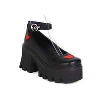 Red Heart Ankle Strappy Chunky Heels Shoes - Thumbnail 5