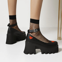 Red Heart Ankle Strappy Chunky Heels Shoes - Thumbnail 4