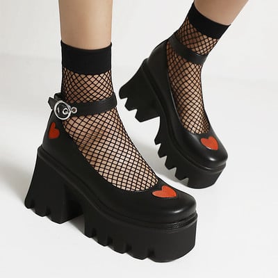 Red Heart Ankle Strappy Chunky Heels Shoes