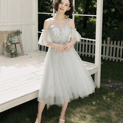 Grey tulle lace short prom dress a line evening dress - Thumbnail 4