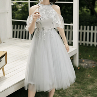 Grey tulle lace short prom dress A line evening dress - Thumbnail 3