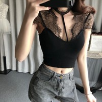 Sexy Gothic V Neck Short Sleeve Top - Thumbnail 2