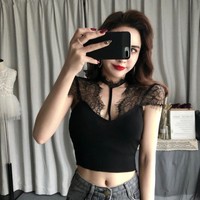Sexy Gothic V Neck Short Sleeve Top - Thumbnail 3