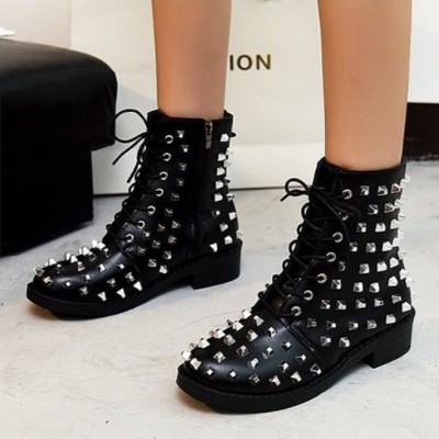 Rivet Black Leather Lace up Fashion Boots
