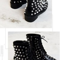 Rivet Black Leather Lace up Fashion Boots - Thumbnail 4