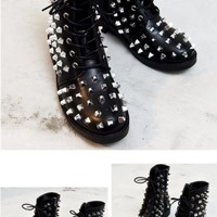 Rivet Black Leather Lace up Fashion Boots - Thumbnail 5