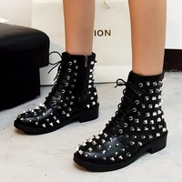 Rivet Black Leather Lace up Fashion Boots - Thumbnail 6