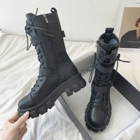 Lace up Mid Calf Black Platform Boots - Thumbnail 4